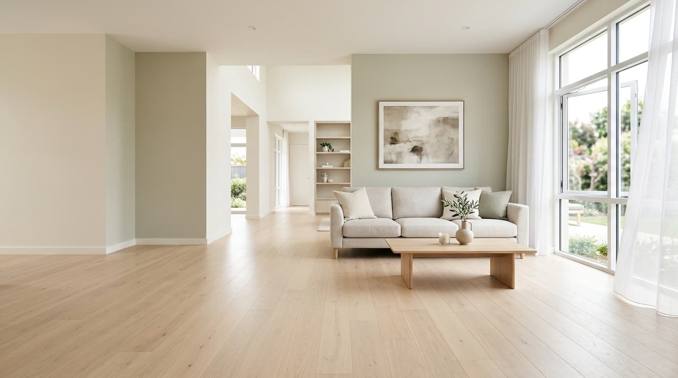 Bright, modern York Region living room with light wood floors and large windows, freshly cleaned by TidyupCo's same-day service